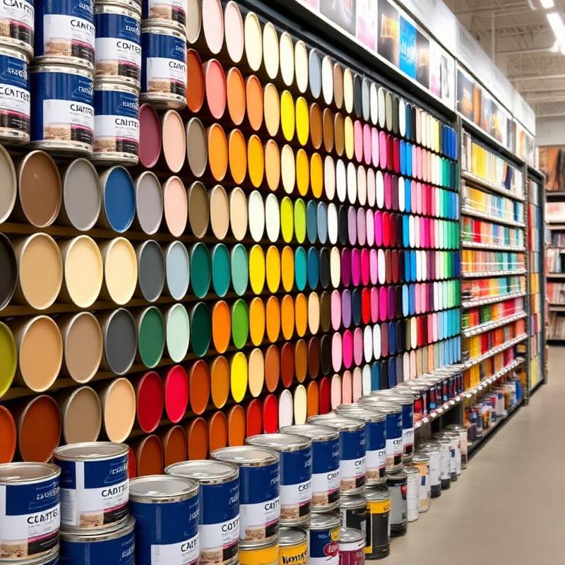 Colorful paint cans and swatches display
