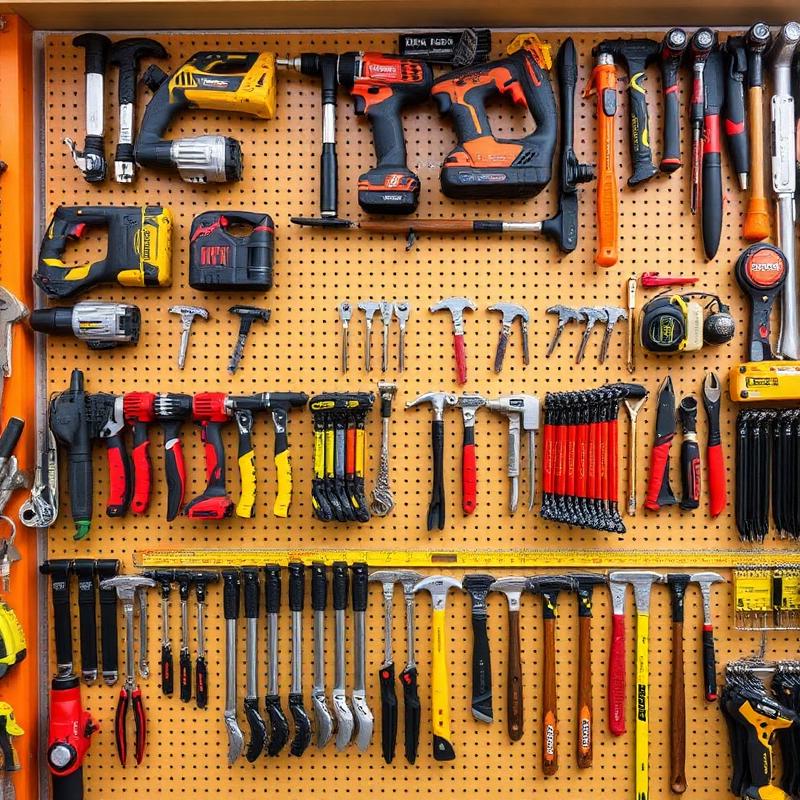 Professional power tools and hand tools on pegboard