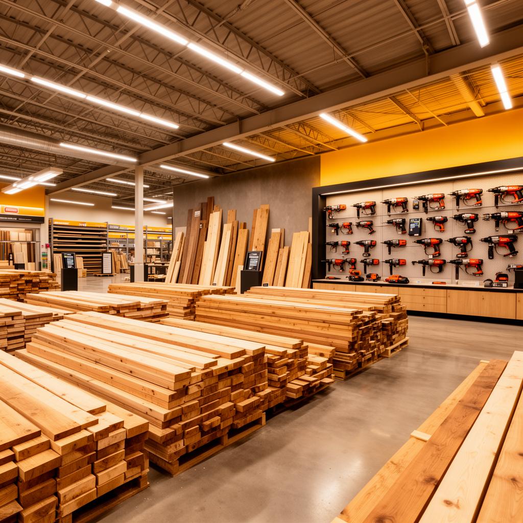 McNulty's Building Supply showroom with lumber and tools